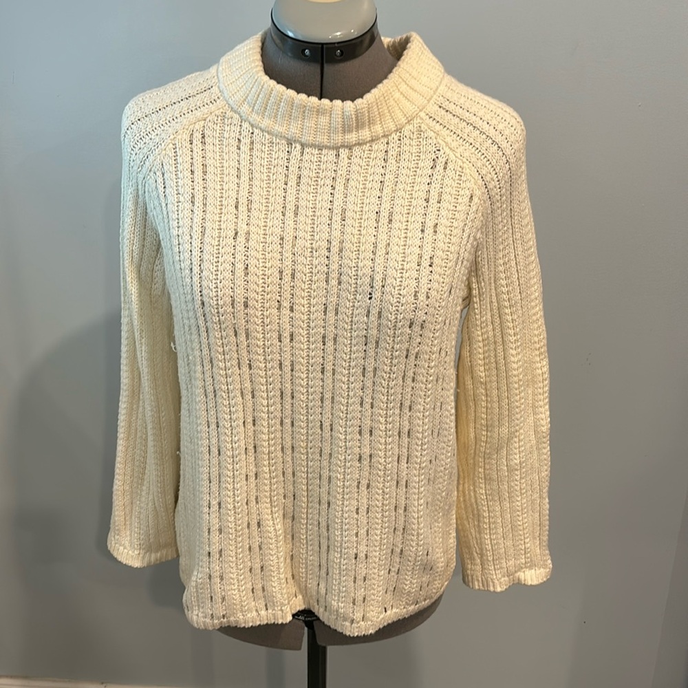 Women's Banana Republic Small Beaded White Knit Sweater 3/4 length sleeve